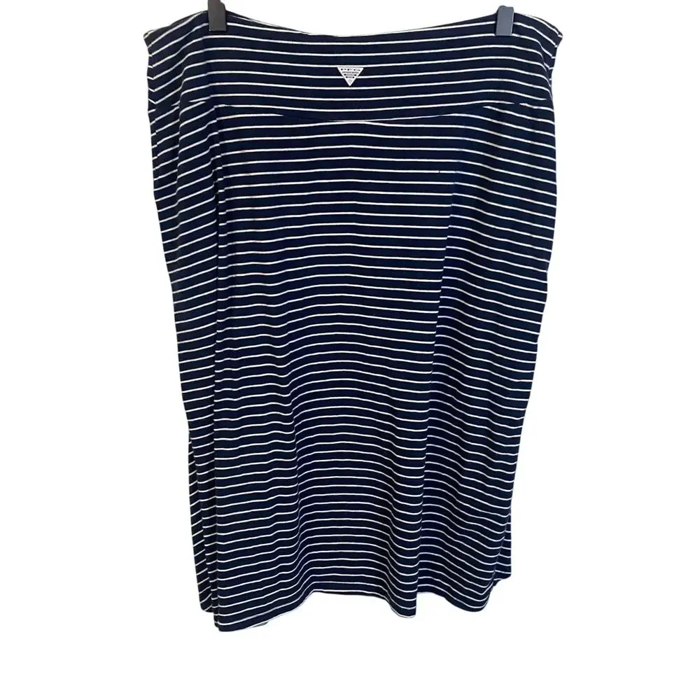 Columbia PFG Navy Blue & White Striped Pull On Knee Length Skirt Omni Wick Sz L